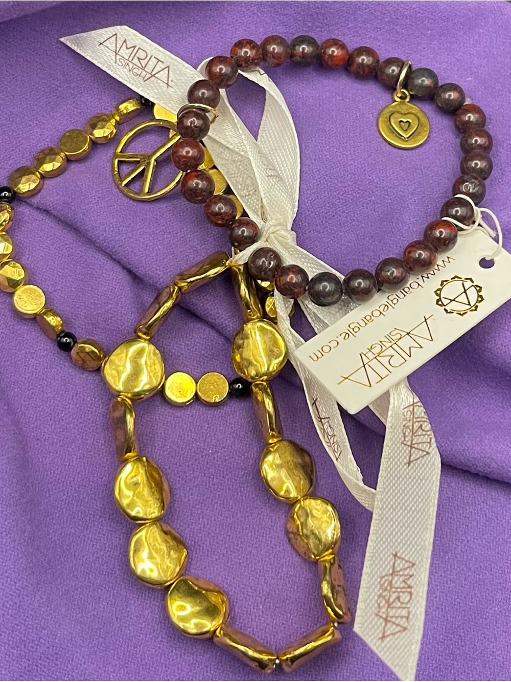 NWT Amrita Singh stretch, bracelet, set gold and grape with peace sign